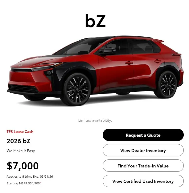 Toyota Rolls Out Aggressive Incentives for 2026 EV Lineup Amidst Market Competition