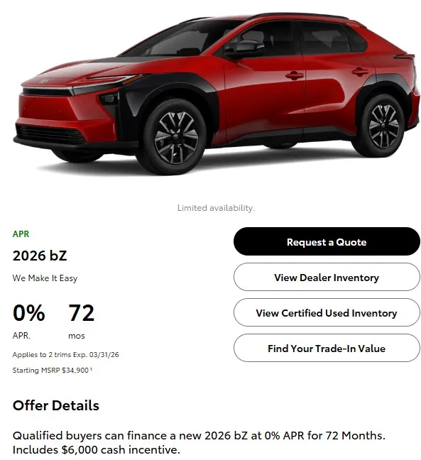 Toyota Rolls Out Aggressive Incentives for 2026 EV Lineup Amidst Market Competition