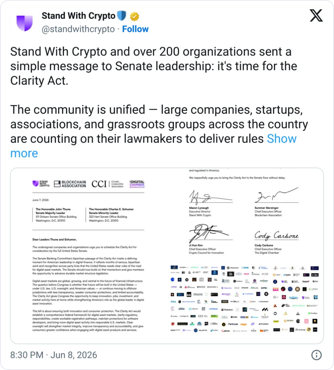 Over 200 Crypto Firms Urge Senate to Pass CLARITY Act Before Midterms