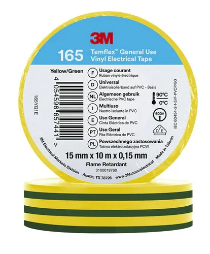Image 3M 165YG1E Electrical Tape - Yellow/Green, 1.65cm x 10m
