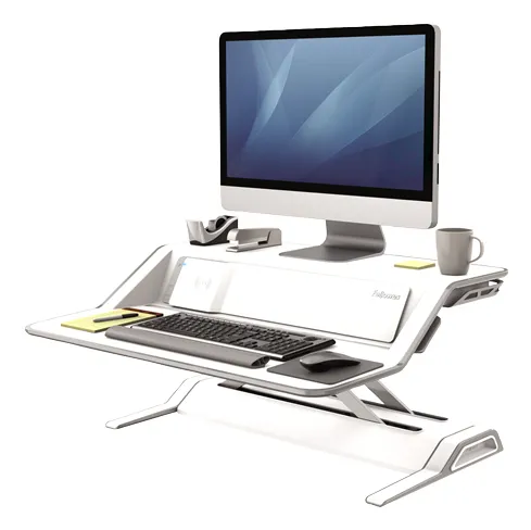 Image Fellowes Lotus DX Sit-Stand Desk Converter - White, 15.8KG Max Load, Cable Management, Antibacterial Protection