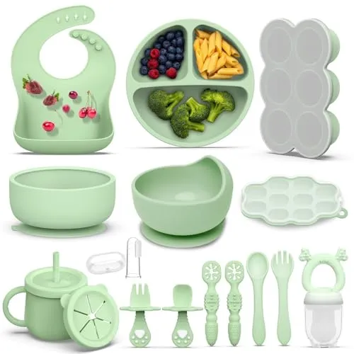 Compare Chicco Baby Feeding Set with Hepotk 16-Piece Silicone Baby Feeding Set Green