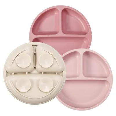 PandaEar Silicone Divided Suction Plates Pink Linen 3-Pack