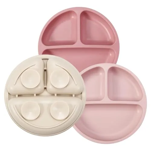 Compare Chicco Baby Feeding Set with PandaEar Silicone Divided Suction Plates Pink Linen 3-Pack