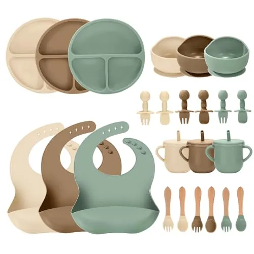 Compare JELLDJK 24-Piece Silicone Baby Feeding Set Green Brown Beige with Munlinder Silicone Baby Feeding Set Light Green