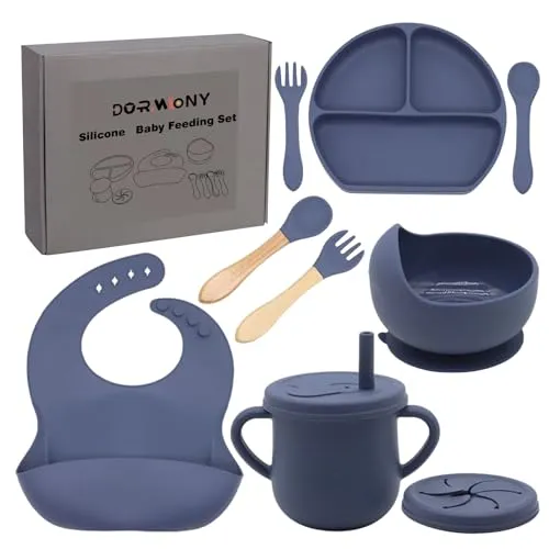 Compare Dormlony Silicone Baby Feeding Set Navy Blue with JELLDJK 24-Piece Silicone Baby Feeding Set Green Brown Beige