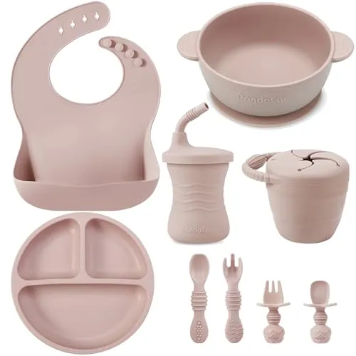 Compare JELLDJK 24-Piece Silicone Baby Feeding Set Green Brown Beige with PandaEar Silicone Baby Feeding Set Pink