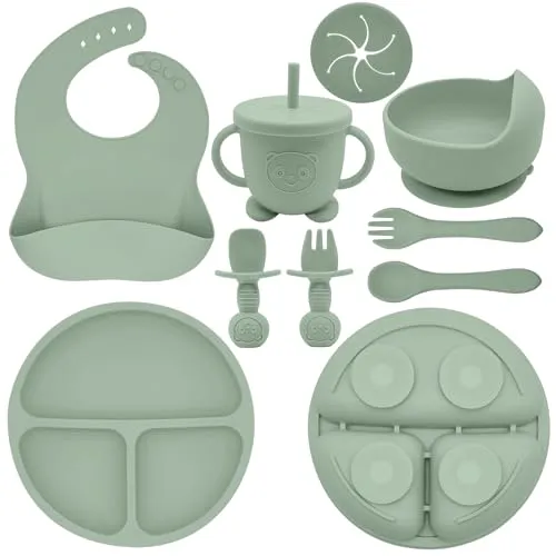 Compare JELLDJK 24-Piece Silicone Baby Feeding Set Green Brown Beige with Munlinder Silicone Baby Feeding Set Light Green