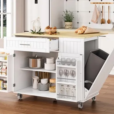 OtterOasis Rolling Drop Leaf Kitchen Island White