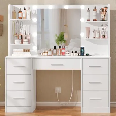 Quimoo Large White Vanity Desk with LED Mirror