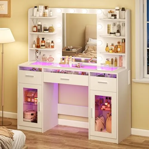 Image HUAHUU Lighted Makeup Vanity Desk White