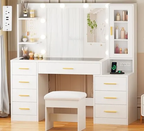 Image ANWBROAD 49-Inch White Lighted Vanity Desk