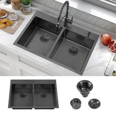 ATTOP 33 Inch Nano Black Double Bowl Sink
